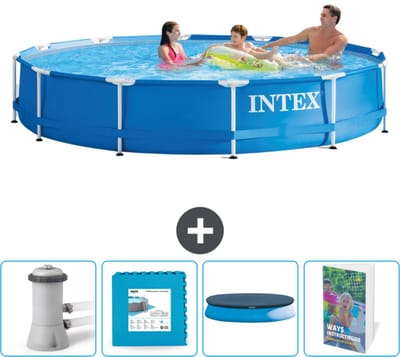 Intex Rond Frame Zwembad - 366 x 76 cm - Blauw - Inclusief Pomp Vloertegels - Afdekzeil - Zwembadgids