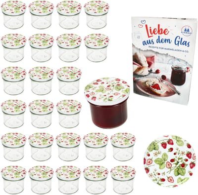 Set van 25 bekers 125 ml jampot inmaakpot Inmaakpot Naar 66 bosaardbeien deksel incl. diamantsuiker geleerspreuk receptenboekje