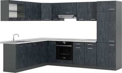 Vicco Hoekkeuken R-Line, Zwart beton/Antraciet, 287 x 227 cm WB Marmer