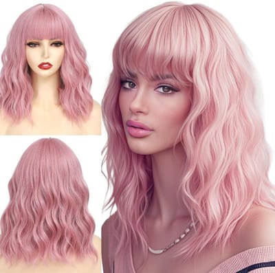 Korte Bob Peruk met Pony, Golvend en Krullend, Schouderlengte, Synthetisch, Hittebestendig, Perfect voor Cosplay en Feestjes