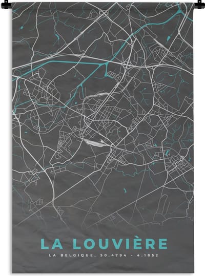 Wandkleed - Wanddoek - Plattegrond – La Louvière – Blauw – Stadskaart - Kaart - 120x180 cm - Wandtapijt