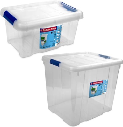 2x Opbergboxen/opbergdozen met deksel 5 en 35 ltr kunststof transparant/blauw - 29 x 20 x 15 en 42 x 35 x 35 cm - Opbergbakken