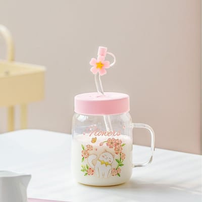 Reliëf Transparante Kat Hoge Temperatuur Glas Kopje Schattig Grote Capaciteit Rietje Student Vrouw Melk Ontbijt Kopje Kantoor 550ml