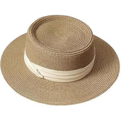 Chapeau de paille Panama à larges bords décontracté avec ruban carré Protection UV Chapeaux de soleil Chapeau de paille de vacances brown