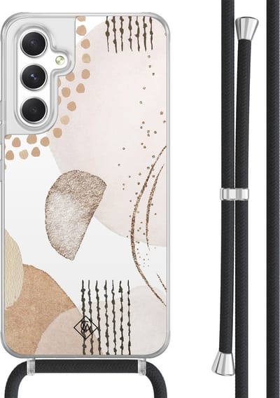 Casimoda® hoesje met koord - Geschikt voor Samsung A54 - Abstract Shapes - Afneembaar koord - TPU/acryl - Bruin/beige