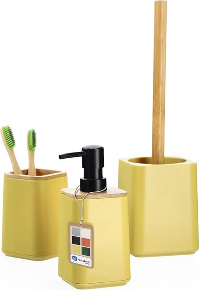 Badkamerset, zeepdispenser, tandenborstelbeker en wc-borstel in 6 kleurvarianten, modern badkameraccessoire met natuurlijke bamboe, badkameruitrusting (geel)