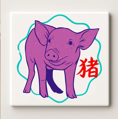 Schattige Varken Dierenriem Keramische Tegel 15x15cm – Lief Paars Varkentje met Chinees Dierenriem Symbool voor Huis & Cadeau Decoratie