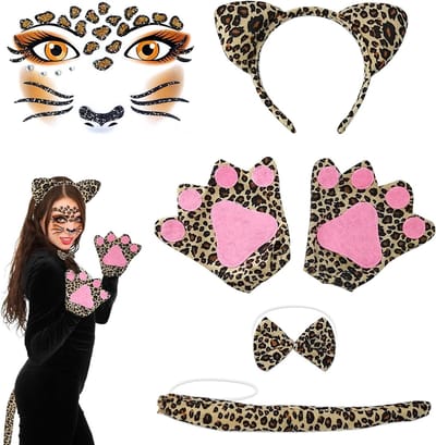 Leopard Kostuum Set voor Vrouwen met Oren, Staart, Haarband, Handschoenen en Gezichtstickers voor Halloween en Carnaval