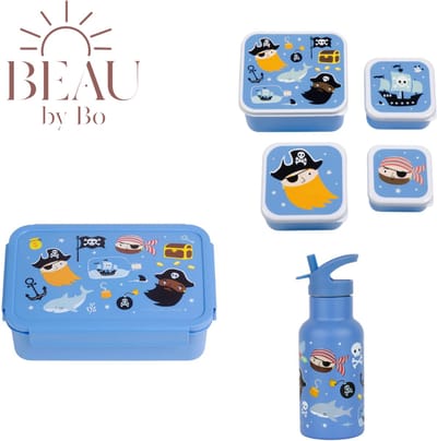 Bundel A Little Lovely Company Back to school set - Drinkfles RVS/4 Snackdozen/Bentobox - Piraten