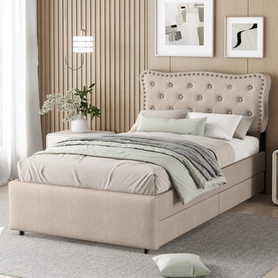 REDOM Ledikant 90x200 cm – Gestoffeerd met linnen – Koperen siernagels & 2 opbergladen – Donkerbeige