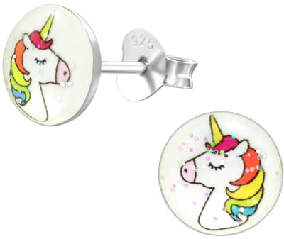Joy|S - Zilveren ronde oorbellen - eenhoorn / unicorn - glitter - 8 mm - kinderoorbellen