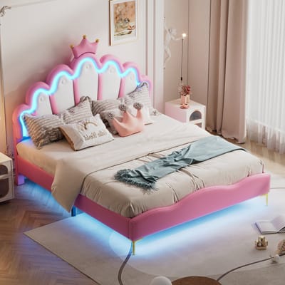 MODENUIT Tweepersoonsbed 140x200 cm – Kroonvormig Hoofdbord met LED-verlichting – Verstelbare Hoogte – Zonder matras – Roze