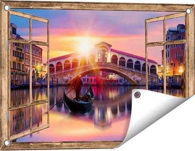 Gards Tuinposter Doorkijk Gondel bij de Rialtobrug in Venetië, Italië - 60x40 cm - Tuindoek - Tuindecoratie - Wanddecoratie buiten - Tuinschilderij