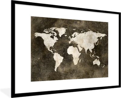 Poster in lijst - Fotolijst 90x60 cm - Posters - Wereldkaart - Vintage - Sepia - Posterlijst zwart - Decoratie - Wanddecoratie woonkamer - Muurdecoratie slaapkamer