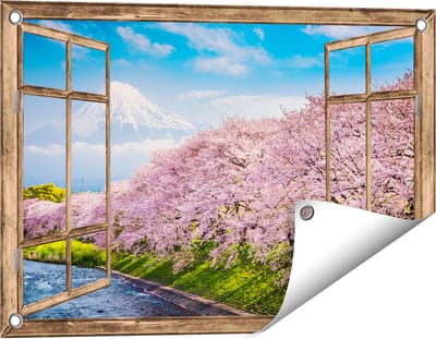 Gards Tuinposter Doorkijk Roze Bloesembomen bij de Fuji Berg - 60x40 cm - Tuindoek - Tuindecoratie - Wanddecoratie buiten - Tuinschilderij