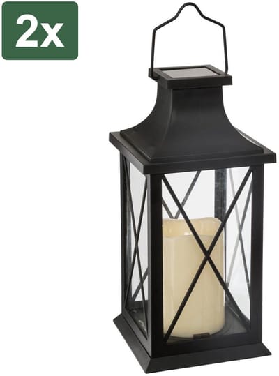 2x Atmosphera Solar tuin lantaarn - zwart - kunststof/glas - 14 x 14 x 28 cm - buiten - Led kaars licht