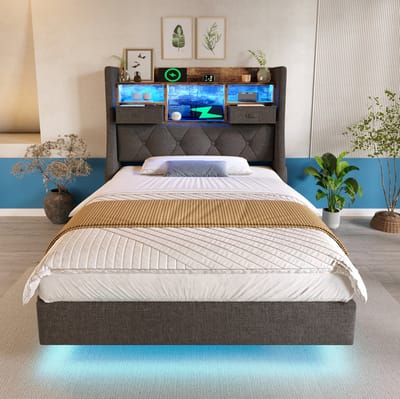 MIVRAY Gestoffeerd Bed 90x200 cm - Eenpersoonsbed Zonder Matras met LED Verlichting en Oplaadstation - Met Opberghoofdbord - Stof - Grijs