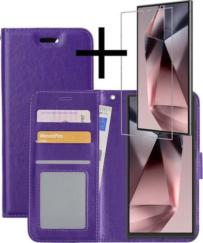 Hoesje - Met Screenprotector - Geschikt voor Samsung Galaxy S24 Ultra - Luxe Pasjeshouder - Bookcase Portemonee - Flip Case - Kunstleer Book Case - Flipcase - Book Cover - Walletcase - Portemonneehoes - Paars