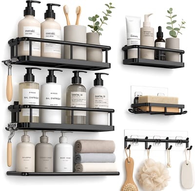 Doucherek Zonder Boren - Complete 6-delige Badkamer Organizer Set - 3 Grote Rekken, Klein Rek, Zeephouder en Haakrek - Zelfklevende Wandrekken met Snelle Waterafvoer, Draagkracht tot 18 kg - voor Douche en Keuken - Mat Zwart