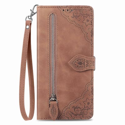 YPCd - Portemonnee Bookcase Hoesje Geschikt voor Samsung Galaxy S23 Ultra – PU Leren Wallet Flip Cover met Ritssluiting – Pasjesvakken & Polsbandje – Standfunctie – Bloemen – Bruin