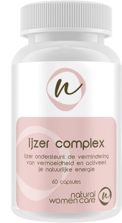 Natural Women Care = IJzer Complex, goed opneembaar ijzer bisglycinaat met oa vitamine c, folaat, zink en selenium. Complete formule bij laag hb en laag ferritine