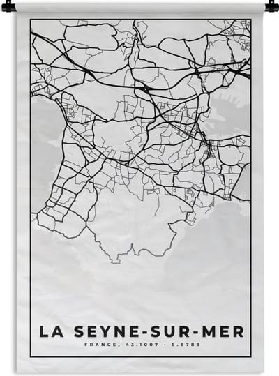 Wandkleed - Wanddoek - Plattegrond - La Seyne-sur-Mer - Kaart - Frankrijk - Stadskaart - Zwart wit - 120x180 cm - Wandtapijt