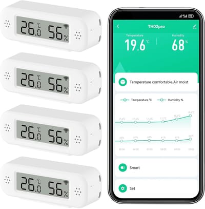 Slimme Digitale Thermometer - Vochtigheidssensor - Binnenklimaat Monitoren - App Meldingen - 4 Stuks - Wit