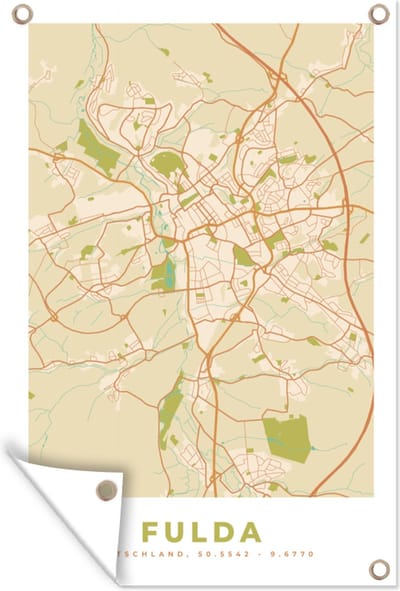 Muurdecoratie Plattegrond - Fulda - Vintage - Kaart - Stadskaart - 120x180 cm - Tuinposter - Tuindoek