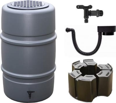 Luxe set antraciet: Regenton 227L + luxe vulautomaat + voet + kraan en kindveilig deksel