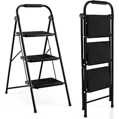 Coast Step Ladder met 3 niveaus opvouwbare klimhulp met niet -slip stappen 64 x 39 x 90 cm zwart