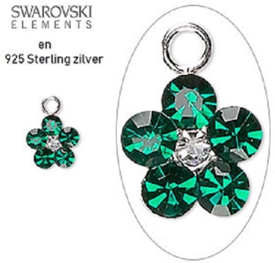 Sterling zilveren Swarovski bedeltjes, bloemetjes 8mm, met Emerald en Clear Swarovski kristal. Per 2 stuks