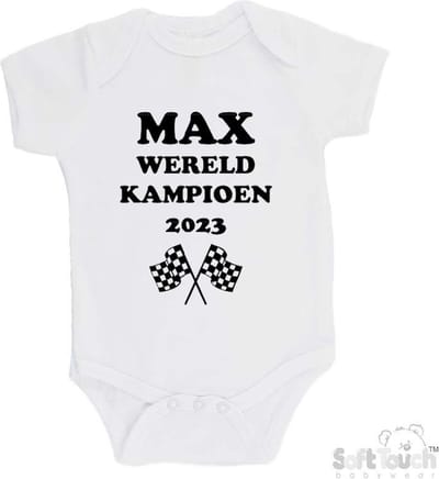 100% Katoenen Romper "MAX wereldkampioen 2023 Vlaggen" Unisex Katoen Wit/zwart Maat 62/68