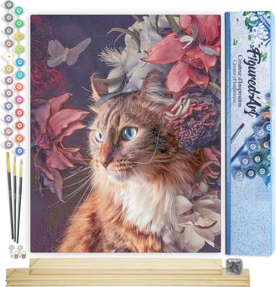 Figured'Art Schilderen op Nummer Volwassenen canvas Kat met bloemen en vlinder - Handwerk acrylverf Kit DIY Compleet - 40x50cm met DIY houten lijst