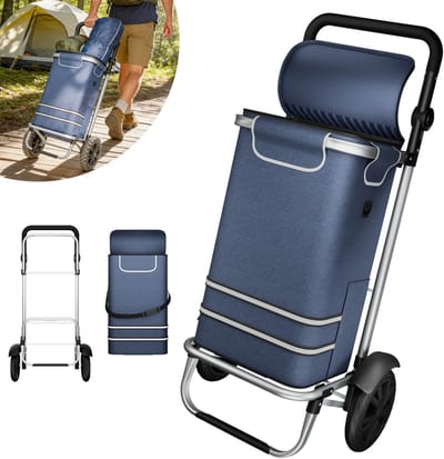 Opvouwbare Boodschappentrolley met Wielen – Boodschappenwagen 56L – Aluminium Transportwagen 30 kg – Blauw– Klapbare Bolderkar voor Boodschappen en Camping