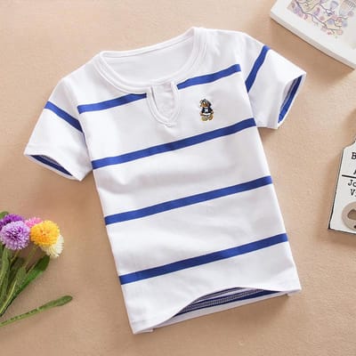 Zomer Kinderkleding Puur Katoen T-shirt Dubbele Kraag Ronde Hals Korte Mouw Gestreept Kleuterschool Uniform Leerlingen 120cm white
