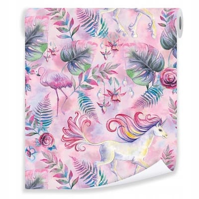 WALLARENA - Behang - Breedte 50 cm - Eenhoorns Bloemen - Geschikt voor kinderkamers - 10m