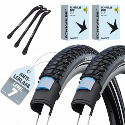 2x Schwalbe fietsbanden Marathon Plus Tour 27.5x2.15 inch (54-584) zwart + 2x AV14 autoventiel binnenband + 3 MSZweirad bandenlichters