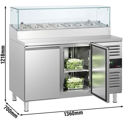 GGM Gastro Zubereitungstisch PREMIUM - 1360mm - 2 Türen - mit Glasaufsatz - für 7x GN 1/3