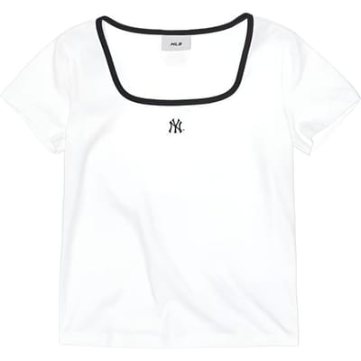 MLB New York Yankees Basic Serie SS26 Kleurblok U-hals Korte Crop Modieuze Comfortabele Klassieke Slim Fit Korte Mouw T-shirt 3FTSB7363-50WHS S white