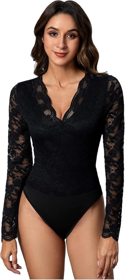 Dames Bodysuit met Lange Mouwen en V-Hals van Kant - Doorzichtige Blouse Stijl
