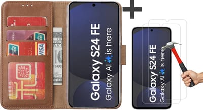 Hoesje met Screenprotectors Geschikt voor Samsung Galaxy S24 FE – Arara bookcase met pasjeshouder - Bruin - 2 Stuks