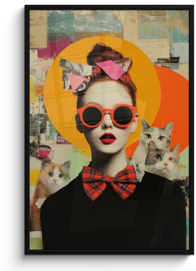 Poster in lijst - Fotolijst 80x120 cm - Posters - Vrouw - Bril - Strik - Retro - Posterlijst zwart - Decoratie - Wanddecoratie woonkamer - Muurdecoratie slaapkamer