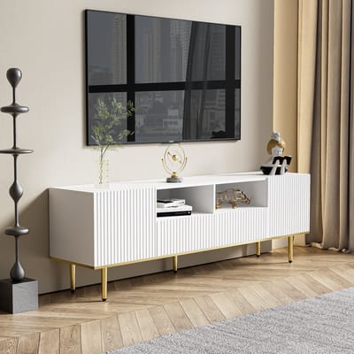 Wishdor Tv-Meubel - Met Gouden Poten En Gouden Rand - Met 2 Vakken En 2 Lades - Spaanplaat - Wit - 165 X 36 X 55 Cm