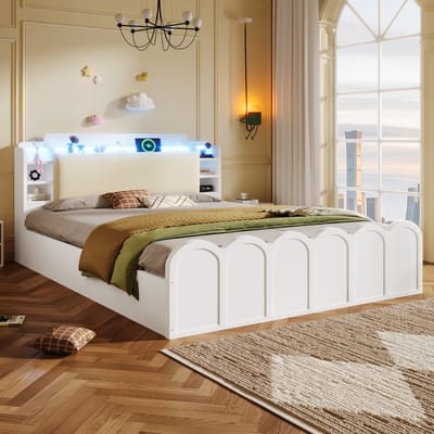 COVREO Bedframe 140x200 cm - hydraulisch, opbergruimte, LED, USB-C, wit, zonder matras