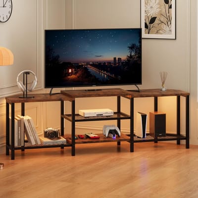 Industriële hoek-tv-standaard-modulaire tv-beugel- stopcontacten-USB-poorten en ledverlichting- 4 open planken- voor woonkamer-bruin