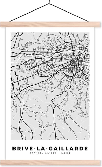 Posterhanger incl. Poster 40x60 cm - Schoolplaat - Frankrijk – Plattegrond – Kaart – Brive-la-Gaillarde – Stadskaart - Textielposter - Blanke latten - Stadskaart