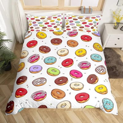 Kawaii Donut Dekbedovertrekset Kleurrijke Zoete Donut Beddengoedset Heerlijk Dessert Roze Paars Dekbedovertrek Meisjeskamer Decor AU Single(140x210cm)