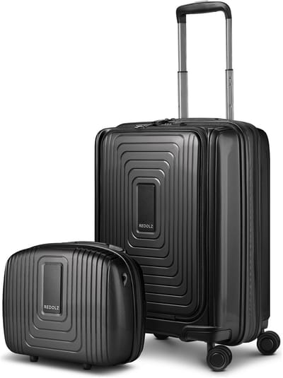 Redolz Essentials 14 kofferset 2 stuks cabine trolley met stretch vouw + beautycase - Harde bagage - TSA slot - black metallic