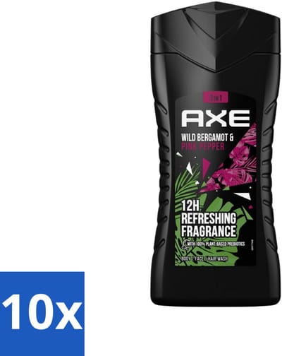 10 x Axe - 3-in-1 Douchegel - Wild Bergamot & Pink Pepper - 100% Plantaardig - 250 ml - Voordeelverpakking - 10 stuks