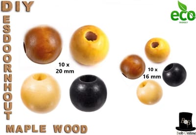 Bob Online ™ - 20 Stuks – 10 x 16mm (4.5mm Gaatje) + 10 x 20mm (5mm Gaatje) – Mixed Setje (4 Kleuren) - Esdoornhout Ronde Gebeitste Kralen, Loodvrij, Geverfd – Maple Wood Round Stained Beads, Lead Free, Dyed – DIY – Sieraden Maken – DIY armbanden